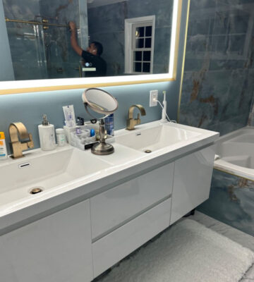 Install vanities and mirrors, new faucets and fixtures, build walk-in showers, and install floors.